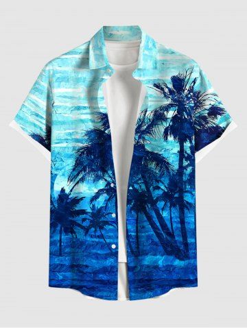 Plus Size Coconut Tree Sea Waves Ombre Print Hawaii Shirt For Men - BLUE - XL