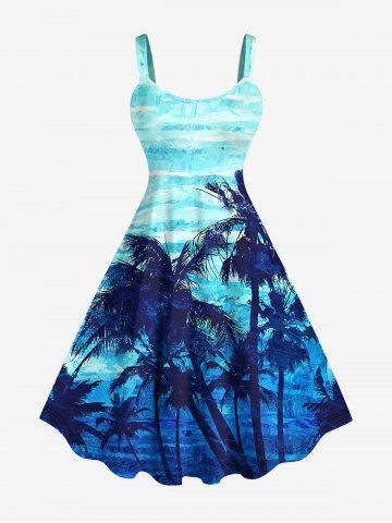 Plus Size Coconut Tree Sea Waves Ombre Print Hawaii Tank Dress - BLUE - S