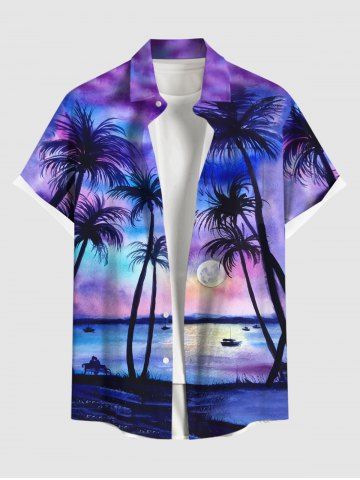 Plus Size Full Moon Sea Coconut Tree Ombre Print Hawaii Shirt For Men - MULTI-A - S