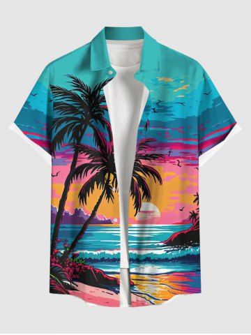 Plus Size Coconut Tree Sea Sunset Cloud Colorblock Print Buttons Pocket Hawaii Shirt For Men - MULTI-A - XL