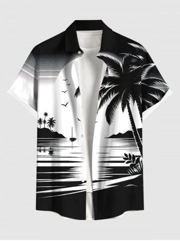 Plus Size Ink Painting Coconut Tree Sun Sea Bird Print Buttons Pocket Hawaii Shirt For Men - WHITE - L