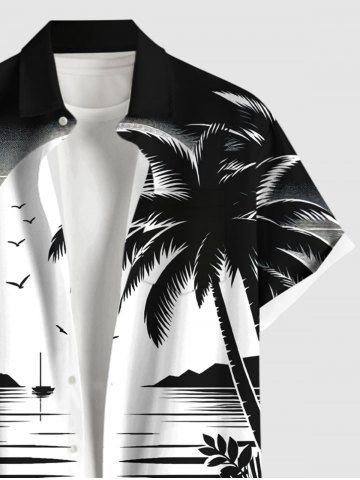 Plus Size Ink Painting Coconut Tree Sun Sea Bird Print Buttons Pocket Hawaii Shirt For Men