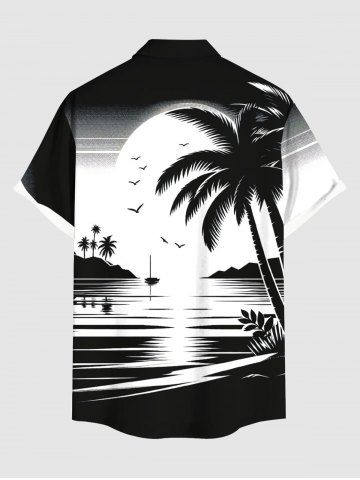 Plus Size Ink Painting Coconut Tree Sun Sea Bird Print Buttons Pocket Hawaii Shirt For Men