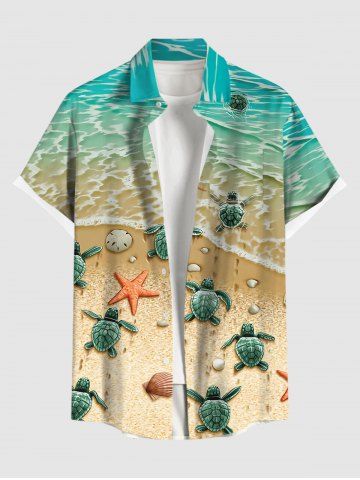 Hawaii Plus Size Sea Creatures Beach Starfish Turtle Shell Print Buttons Pocket Shirt For Men - MULTI-A - S