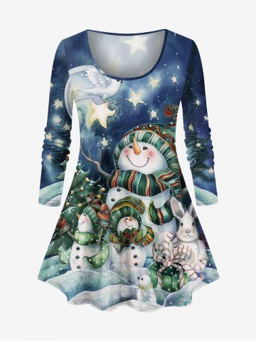 Plus Size Christmas Tree Snowman Rabbit Bird Star Print T-shirt - BLUE - S