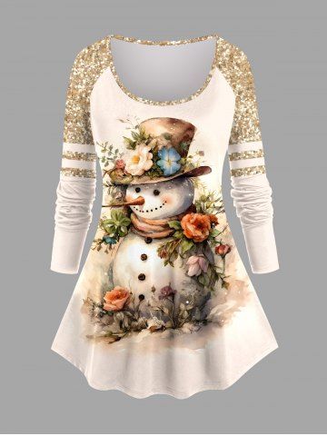 Plus Size Christmas Snowman Flowers Sparkling Sequin 3D Print Raglan Sleeve T-shirt - LIGHT COFFEE - 1X