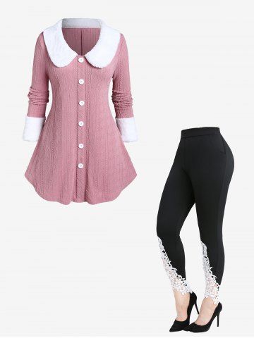 Haut Tricoté avec Empiècements en Fausse Fourrure et Legging à Empiècement en Dentelle Grande-Taille - LIGHT PINK