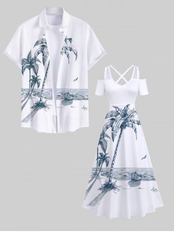 Coconut Tree Sea Boat Bird Print Plus Size Matching Hawaii Beach Outfit For Couples - WHITE