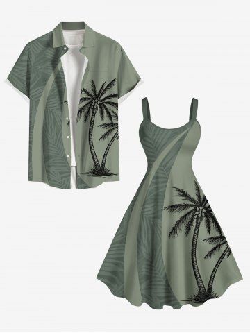 Coconut Tree Tropical Leaf Print Plus Size Matching Hawaii Beach Outfit For Couples - LIGHT GREEN