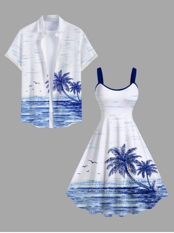 Tropical Sea Coconut Tree Seagull Cloud Print Plus Size Matching Hawaii Beach Outfit For Couples - WHITE