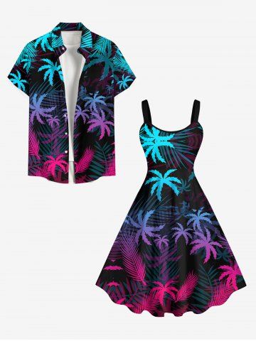 Ombre Coconut Tree Palm Leaf Print Plus Size Matching Hawaii Beach Outfit for Couples - BLACK