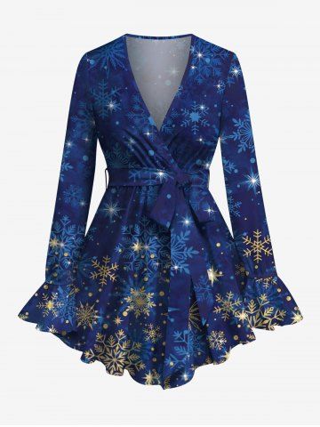 Plus Size Ombre Christmas Snowflake Glitter Stars Galaxy Print Surplice Long Sleeves Blouse with Tied Belt - BLUE - S