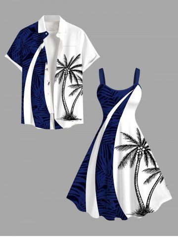 Coconut Tree Tropical Leaf Print Plus Size Matching Hawaii Beach Outfit For Couples - DEEP BLUE