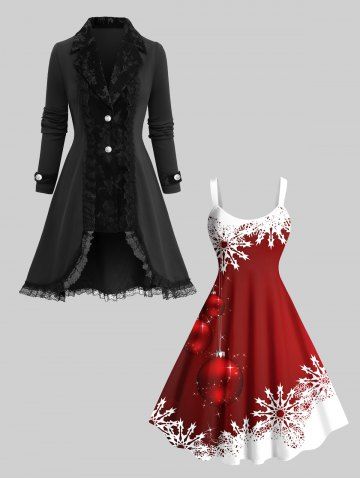 Robe Trapèze Contrastante en Velours à Fleurs et Flocon de Neige de Noël Grande Taille - BLACK