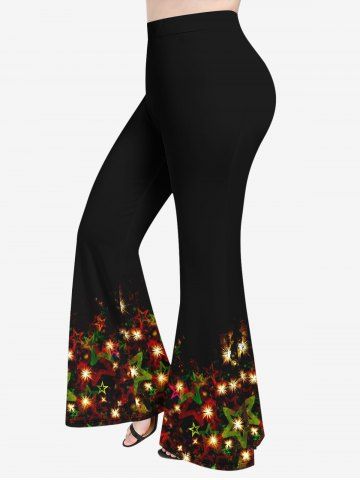 Plus Size Glitter Christmas Light Ombre Stars Print Flare Pants - BLACK - S