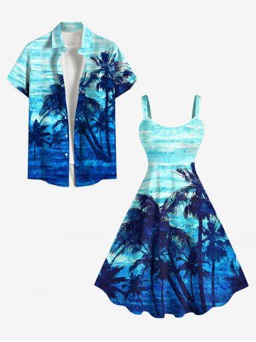 Coconut Tree Sea Waves Ombre Print Plus Size Matching Hawaii Beach Outfit For Couples - BLUE