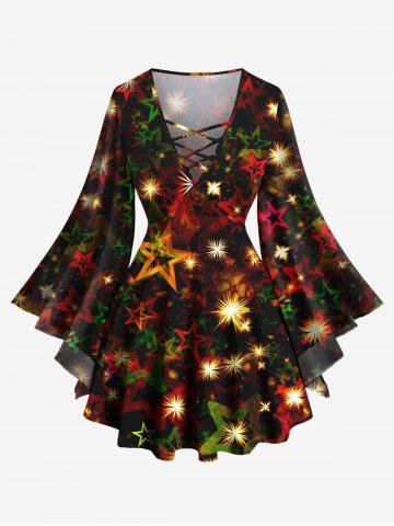 Plus Size Glitter Christmas Light Ombre Stars Print Lattice Long Sleeves T-shirt - BLACK - 6X