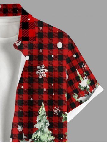Plus Size Christmas Tree Snowflake Snowman Plaid House Print Button Pocket Shirt For Men