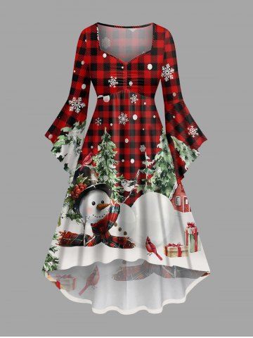 Plus Size Christmas Tree Snowflake Snowman Plaid House Print Ruched High Low Asymmetric Dress - RED - XS