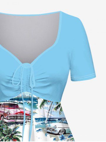Plus Size Sea Flower Car Coconut Tree Print Cinched Hawaii Dress