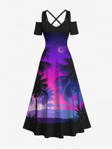 Plus Size Coconut Tree Moon Star Ombre Print Crisscross Cold Shoulder Hawaii Dress - BLACK - S