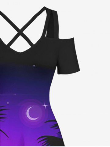 Plus Size Coconut Tree Moon Star Ombre Print Crisscross Cold Shoulder Hawaii Dress