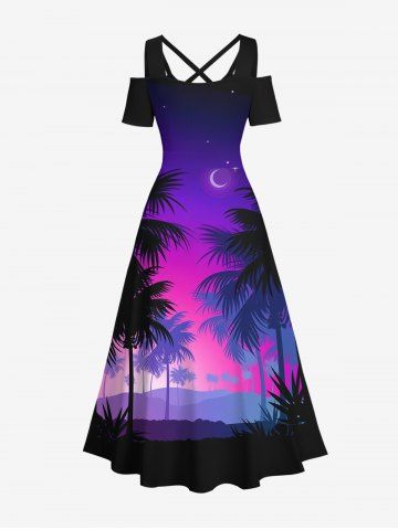 Plus Size Coconut Tree Moon Star Ombre Print Crisscross Cold Shoulder Hawaii Dress