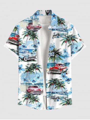 Men's Coconut Tree Floral Sea Car Print Button Pocket Hawaii Shirt - WHITE - M