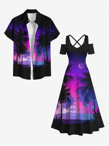 Men's Coconut Tree Moon Star Ombre Print Buttons Pocket Hawaii Shirt