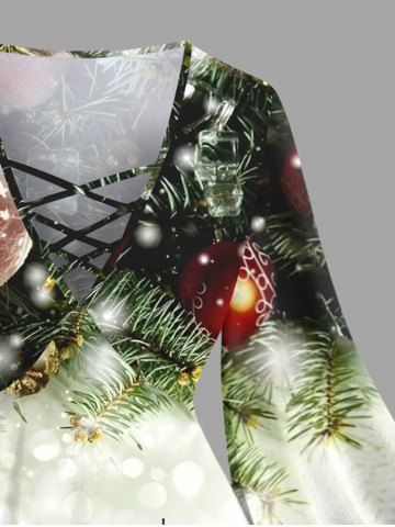 Plus Size Christmas Tree Ball Print Ombre Lattice Long Sleeves T-shirt