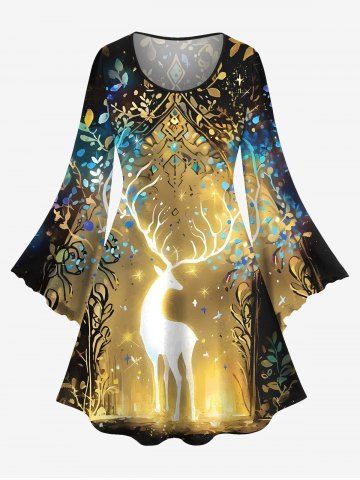 Plus Size Glitter Christmas Elk Branch Leaf Print A Line Dress - MULTI-A - 6X