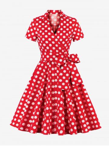 Plus Size Polka Dot Print Zipper Surplice Bowknot Belt Vintage Dress - RED - 2XL