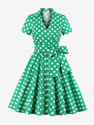 Plus Size Polka Dot Print Zipper Surplice Bowknot Belt Vintage Dress - GREEN - XL