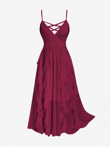 Plus Size Lace and Chiffon Ruffled Crisscross Maxi Sleeveless Wedding Dress - DEEP RED - 1X | US 14-16