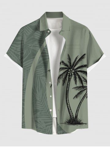 Plus Size Coconut Tree Tropical Leaf Print Buttons Pocket Hawaii Shirt For Men - LIGHT GREEN - L