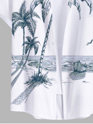 Plus Size Coconut Tree Sea Boat Bird Print Buttons Pocket Hawaii Shirt For Men
