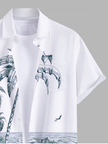 Plus Size Coconut Tree Sea Boat Bird Print Buttons Pocket Hawaii Shirt For Men