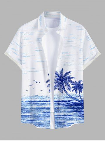 Plus Size Tropical Sea Coconut Tree Seagull Cloud Print Buttons Pocket Hawaii Shirt For Men - WHITE - M