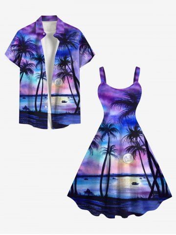 Plus Size Full Moon Sea Coconut Tree Ombre Print Hawaii Shirt For Men