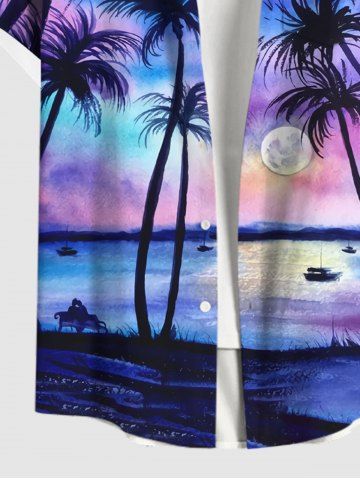 Plus Size Full Moon Sea Coconut Tree Ombre Print Hawaii Shirt For Men