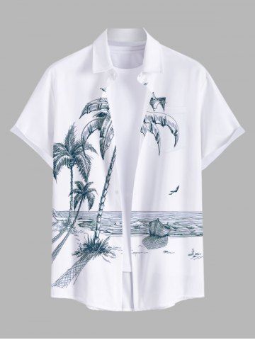 Plus Size Coconut Tree Sea Boat Bird Print Buttons Pocket Hawaii Shirt For Men
