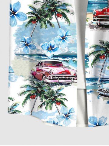 Men's Coconut Tree Floral Sea Car Print Button Pocket Hawaii Shirt