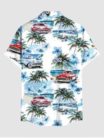 Men's Coconut Tree Floral Sea Car Print Button Pocket Hawaii Shirt