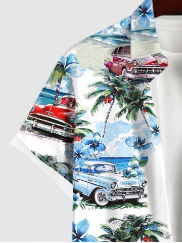 Men's Coconut Tree Floral Sea Car Print Button Pocket Hawaii Shirt