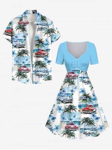 Men's Coconut Tree Floral Sea Car Print Button Pocket Hawaii Shirt