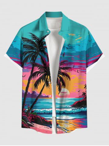 Plus Size Coconut Tree Sea Sunset Cloud Colorblock Print Buttons Pocket Hawaii Shirt For Men