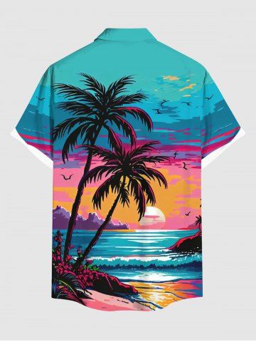 Plus Size Coconut Tree Sea Sunset Cloud Colorblock Print Buttons Pocket Hawaii Shirt For Men