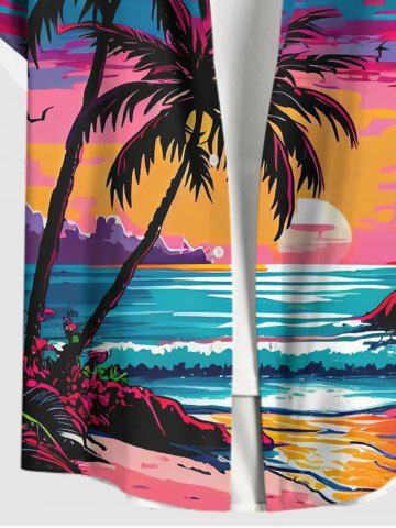 Plus Size Coconut Tree Sea Sunset Cloud Colorblock Print Buttons Pocket Hawaii Shirt For Men