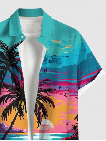 Plus Size Coconut Tree Sea Sunset Cloud Colorblock Print Buttons Pocket Hawaii Shirt For Men