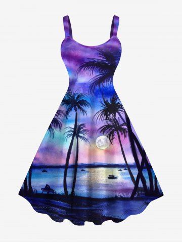 Plus Size Full Moon Coconut Tree Ombre Print Backless Hawaii Tank Dress - MULTI-A - XXS